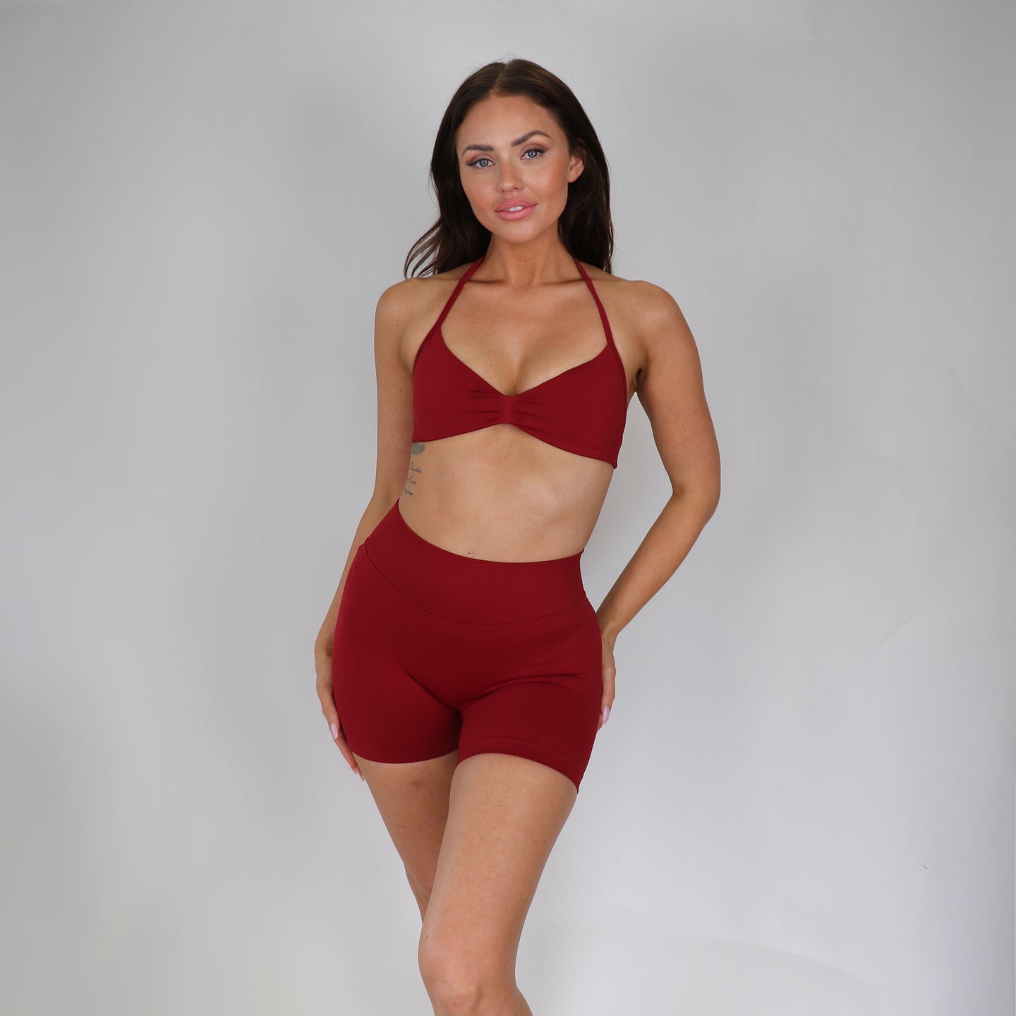 red scrunch shorts and crop